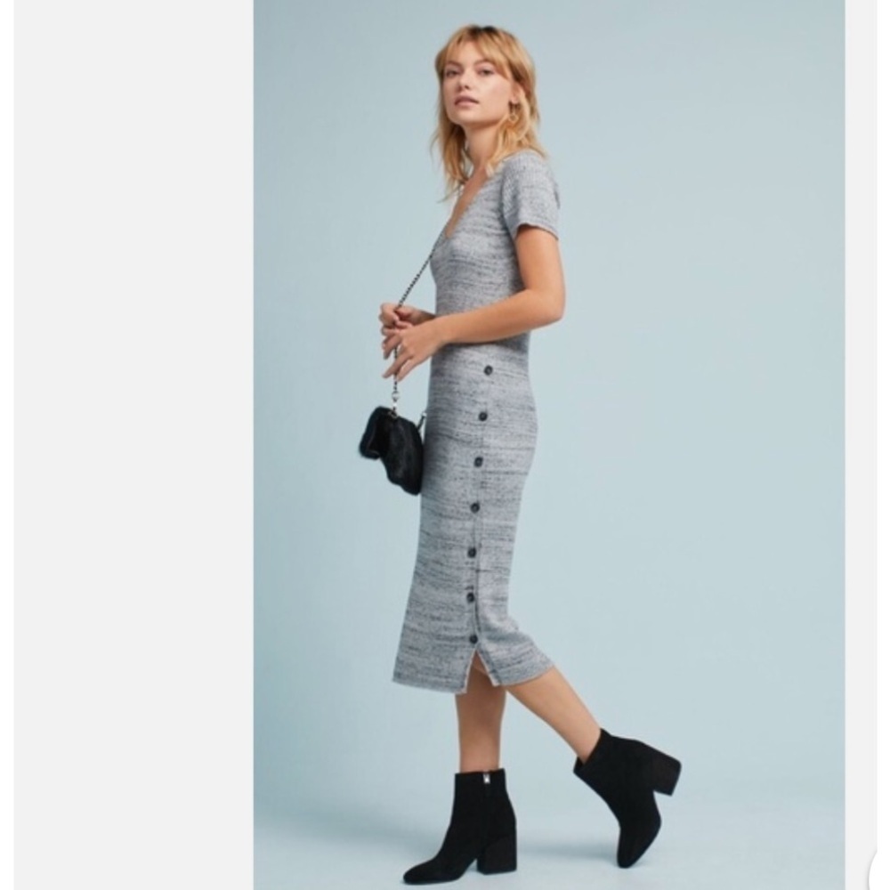 Anthropologie Postmark Grey Ribbed Knit Short Sleeve Sweater Midi Dress Sz L